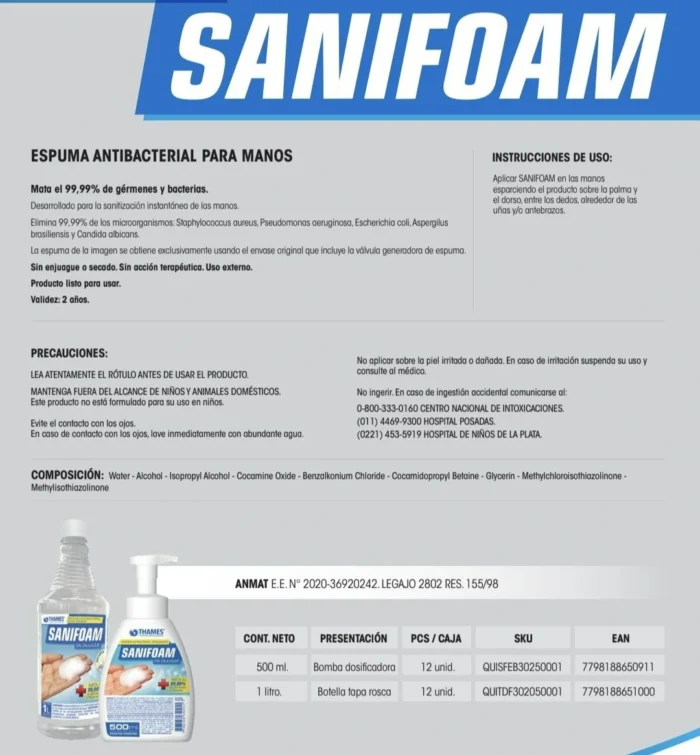sanifoam info ESPUMA SANITIZANTE SANIFOAM 500ML